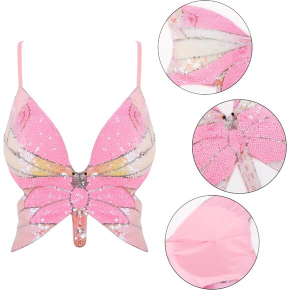 Women's Butterfly Sequin Crop Top Sleeveless V Neck Bandage Party Outfits - Picture 4 of 7